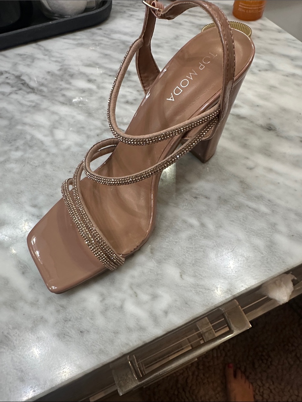 Blush Rhinestone Strappy Block Heel Sandal